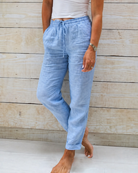 Damen Hose mit geradem Bein, elastischem Bund und Kordelzug in Blau