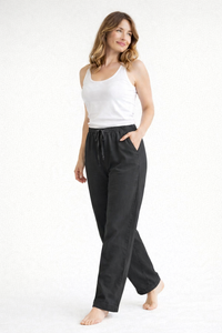 Damen Hose mit geradem Bein, elastischem Bund und Kordelzug in Schwarz