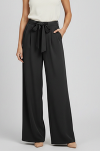 Damen-Hose mit weitem Bein und Bindegürtel in Schwarz