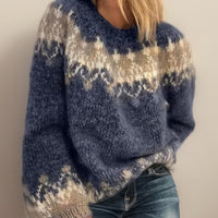 Frieda | Damen Jacquard Knit Sweater Isländischer Rundhals Pullover in Blau