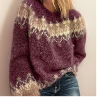 Frieda | Damen Jacquard Knit Sweater Isländischer Rundhals Pullover in Rot