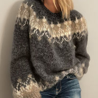 Frieda | Damen Jacquard Knit Sweater Isländischer Rundhals Pullover in Dunkelgrau