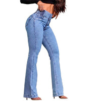 Damen-Jeans mit hoher Taille und ausgestelltem Bein in Hellblau