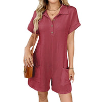 Damen Jumpsuit mit Knopfleiste und Taillenband in Rot