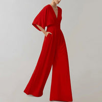Damen-Jumpsuit mit weitem Bein und V-Ausschnitt in Rot