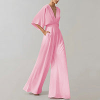 Damen-Jumpsuit mit weitem Bein und V-Ausschnitt in Rosa