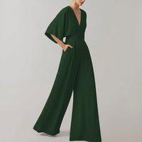Damen-Jumpsuit mit weitem Bein und V-Ausschnitt in Grün