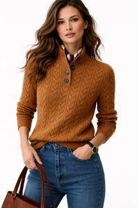 Elisabeth | Damen Kabelstrick Wollmix Rollkragen Sweater mit Knopfleiste in Braun