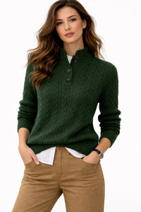 Elisabeth | Damen Kabelstrick Wollmix Rollkragen Sweater mit Knopfleiste in Grün