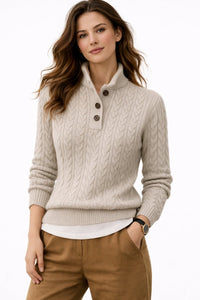 Elisabeth | Damen Kabelstrick Wollmix Rollkragen Sweater mit Knopfleiste in Grau