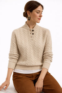 Elisabeth | Damen Kabelstrick Wollmix Rollkragen Sweater mit Knopfleiste in Khaki