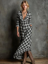 Emilia | Damen Kariertes Flanell Maxi-Hemdblusenkleid Formal Dresses in Schwarz