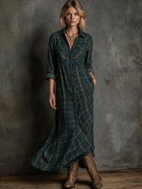 Emilia | Damen Kariertes Flanell Maxi-Hemdblusenkleid Formal Dresses in Grün