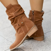 Frieda | Damen Knee High Boots Wildlederimitat Schlupfstiefel mit Blockabsatz in Braun