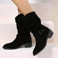 Frieda | Damen Knee High Boots Wildlederimitat Schlupfstiefel mit Blockabsatz in Schwarz