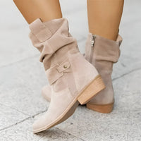Frieda | Damen Knee High Boots Wildlederimitat Schlupfstiefel mit Blockabsatz in Beige