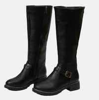 Nora | Damen Kniehohe Stiefel Kunstleder Schnalle Reißverschluss Knee High Boots in Schwarz