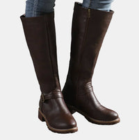 Nora | Damen Kniehohe Stiefel Kunstleder Schnalle Reißverschluss Knee High Boots in Dunkelbraun