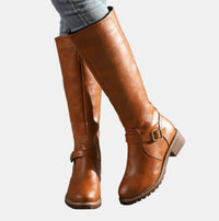 Nora | Damen Kniehohe Stiefel Kunstleder Schnalle Reißverschluss Knee High Boots in Braun
