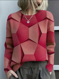 Hannah | Damen Knit Sweater mit geometrischem 3D-Muster Rundhals Langarm in Rot