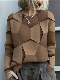 Hannah | Damen Knit Sweater mit geometrischem 3D-Muster Rundhals Langarm in Braun