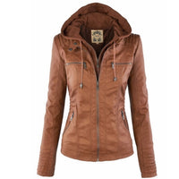 Katharina | Damen Kunstleder Bikerjacke mit Abnehmbarer Kapuze Reißverschluss in Braun