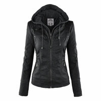 Katharina | Damen Kunstleder Bikerjacke mit Abnehmbarer Kapuze Reißverschluss in Schwarz