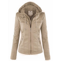 Katharina | Damen Kunstleder Bikerjacke mit Abnehmbarer Kapuze Reißverschluss in Beige