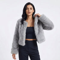 Lena | Damen Kurz Kunstpelz Cardigan Jacke in Grau