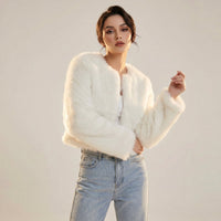 Lena | Damen Kurz Kunstpelz Cardigan Jacke in Weiß