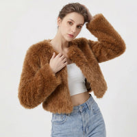 Lena | Damen Kurz Kunstpelz Cardigan Jacke in Dunkles Curry