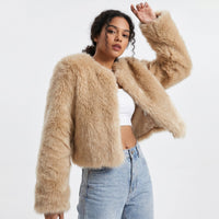 Lena | Damen Kurz Kunstpelz Cardigan Jacke in Helles Curry