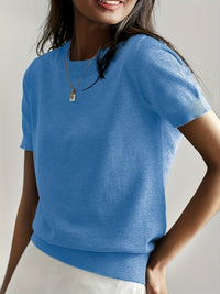 Nora | Damen Kurzarm Rundhals Knit Sweater Top Lockere Passform in Blau