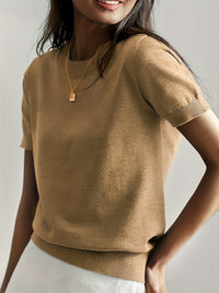 Nora | Damen Kurzarm Rundhals Knit Sweater Top Lockere Passform in Erdgold