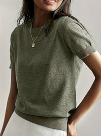 Nora | Damen Kurzarm Rundhals Knit Sweater Top Lockere Passform in Oliv