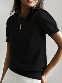 Nora | Damen Kurzarm Rundhals Knit Sweater Top Lockere Passform in Schwarz