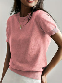 Nora | Damen Kurzarm Rundhals Knit Sweater Top Lockere Passform in Rosa