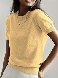 Nora | Damen Kurzarm Rundhals Knit Sweater Top Lockere Passform in Gelb