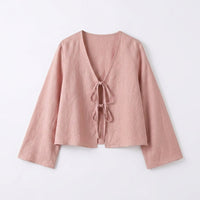 Damen-Kurzbluse mit V-Ausschnitt und Bindebändern in Rosa