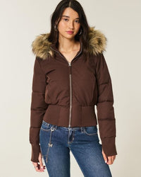 Damen Cropped Langarm Pufferjacke mit Kapuze in Braun