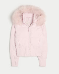 Damen Cropped Langarm Pufferjacke mit Kapuze in Rosa