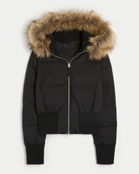 Damen Cropped Langarm Pufferjacke mit Kapuze in Schwarz