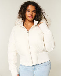 Damen Cropped Langarm Pufferjacke mit Kapuze in Weiß