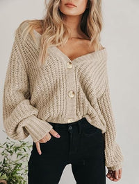 Damen Kurze Strickjacke mit V-Ausschnitt Knopfleiste und Langen Ärmeln in Beige