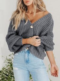 Damen Kurze Strickjacke mit V-Ausschnitt Knopfleiste und Langen Ärmeln in Grau