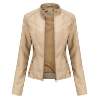 Katharina | Damen Kurze Taillierte Kunstleder Bikerjacke mit Reißverschluss in Beige