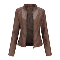 Katharina | Damen Kurze Taillierte Kunstleder Bikerjacke mit Reißverschluss in Braun
