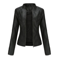 Katharina | Damen Kurze Taillierte Kunstleder Bikerjacke mit Reißverschluss in Schwarz
