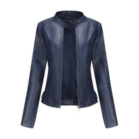 Katharina | Damen Kurze Taillierte Kunstleder Bikerjacke mit Reißverschluss in Blau