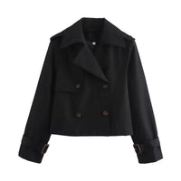 Charlotte | Damen Kurzer Doppelreihiger Trench Coat mit Schnallenärmeln in Schwarz